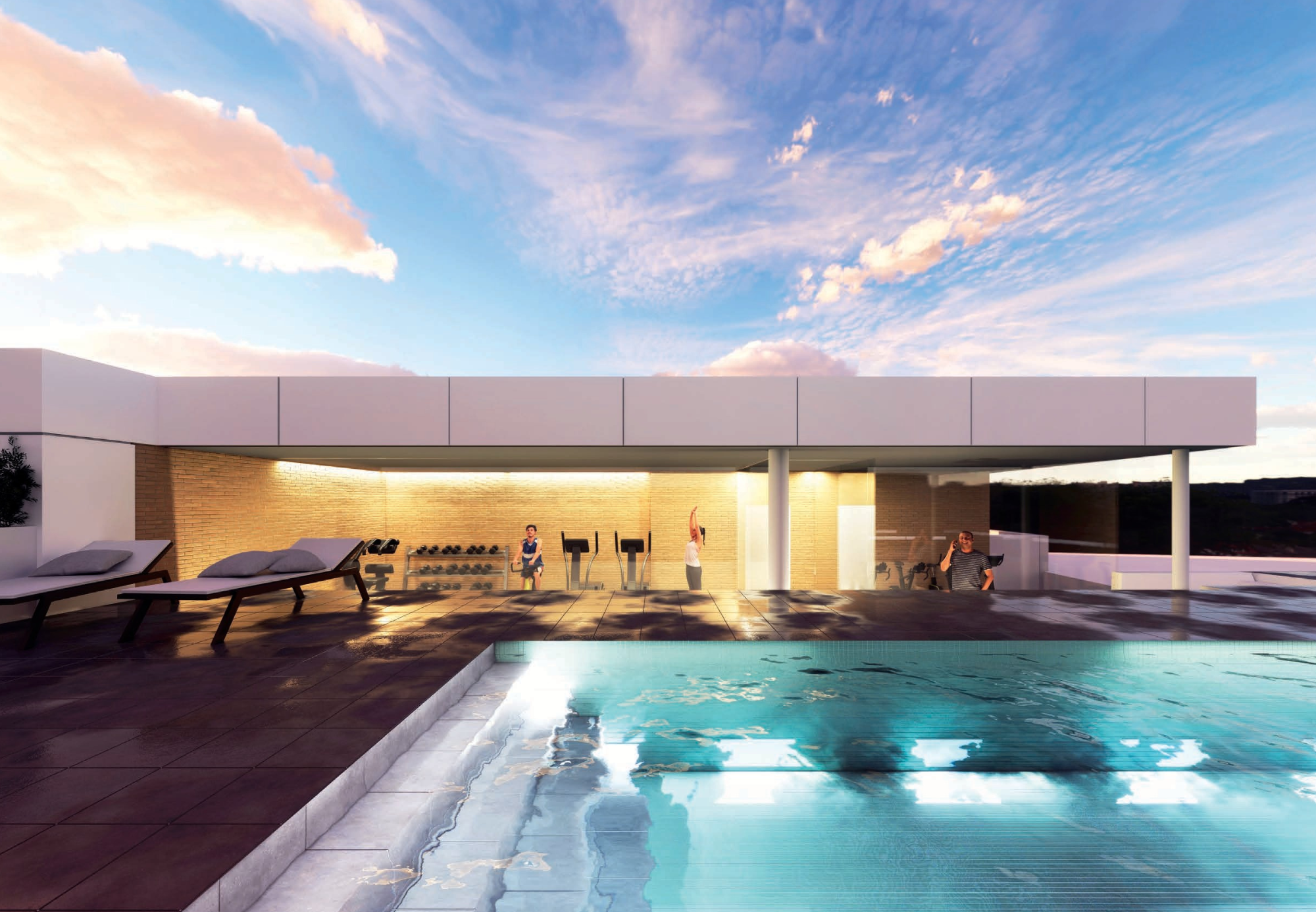 'Render' con la piscina y solarium en la azotea del futuro residencial Luz Lealas, en Jerez.