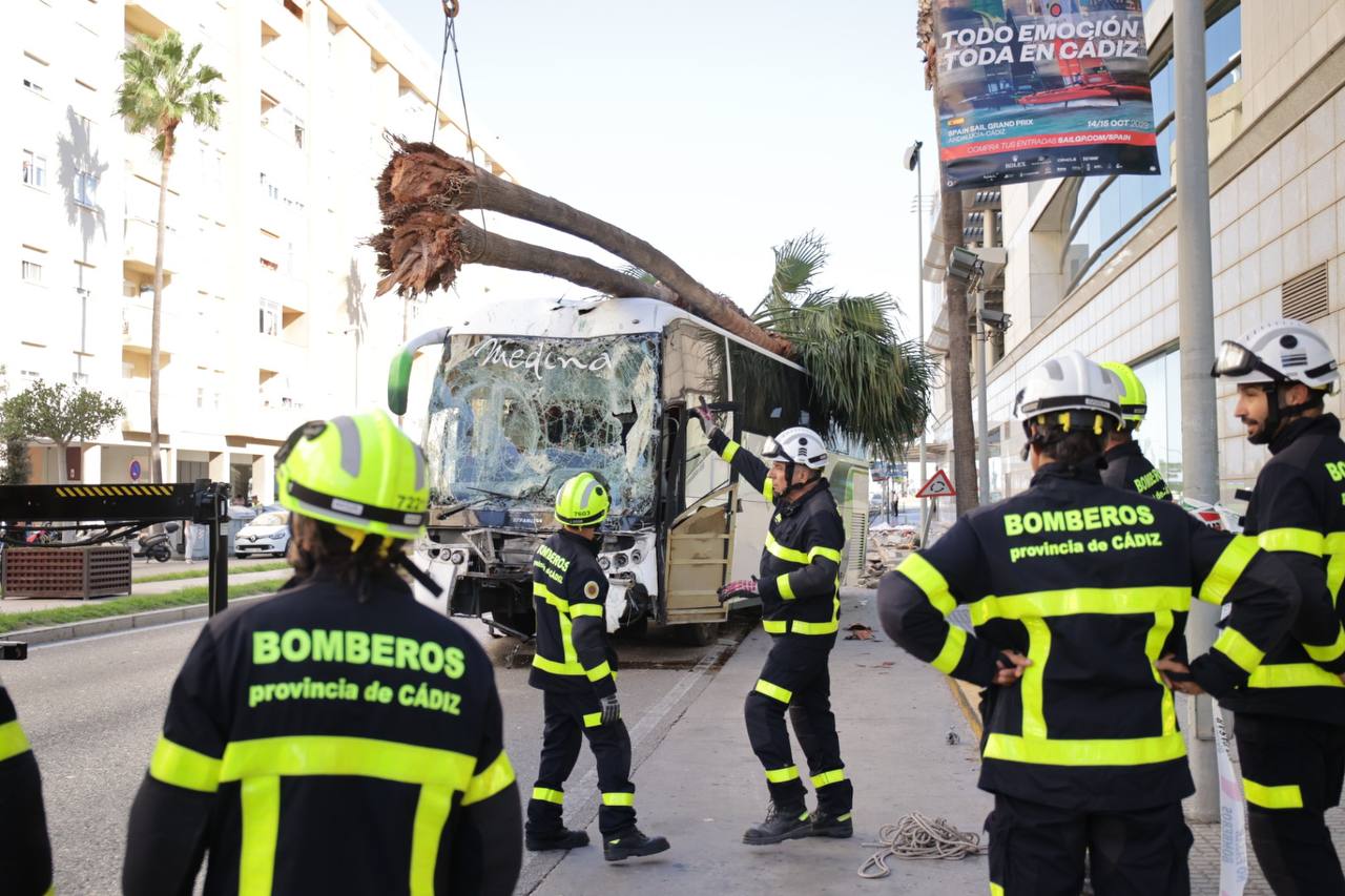 El autobús, con palmeras encima, tras el accidente en Cádiz.