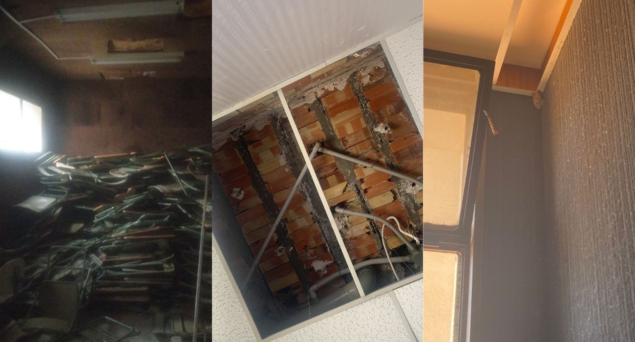 Varias imágenes del estado en el que se encuentra el Conservatorio Superior de Música de Málaga, con techos que se caen, cucarachas y falta de personal.
