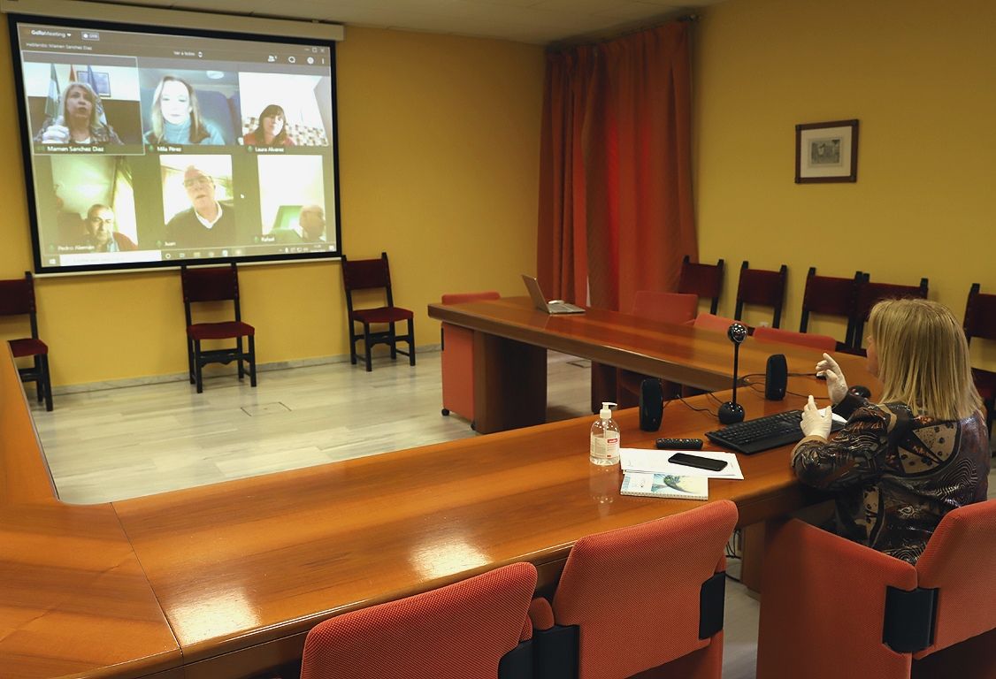 La alcaldesa, reunida por videoconferencia, este miércoles en el Ayuntamiento de Jerez.