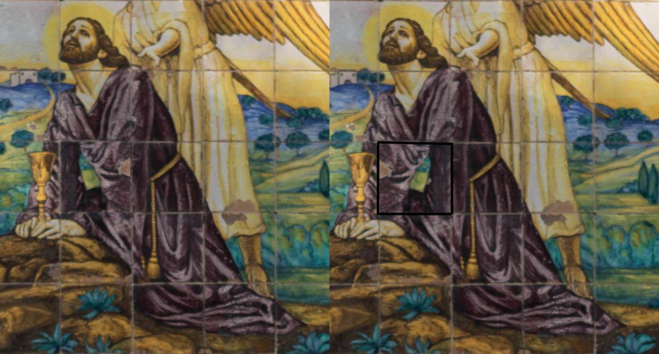 A la izquierda, la imagen original. A la derecha, con el azulejo colocado correctamente de manera digital.