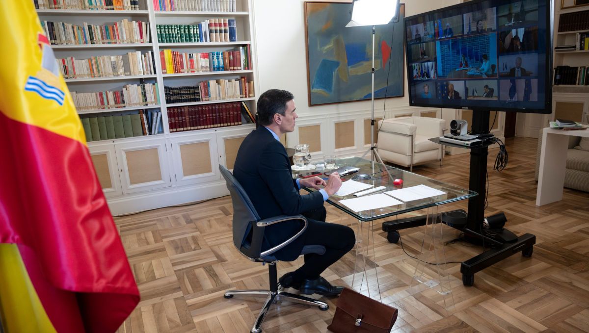 Pedro Sänchez, durante la reunión telemática con los presidentes europeos. FOTO: LAMONCLOA