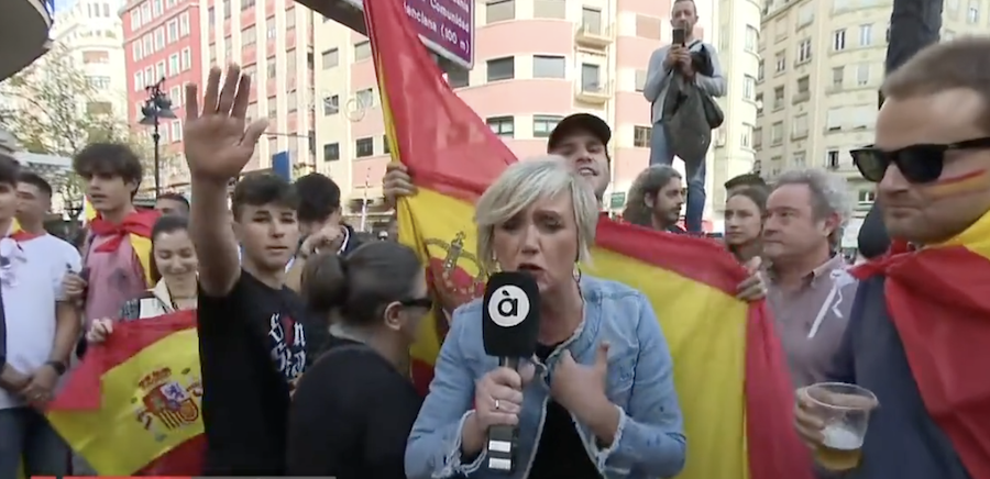 La reportera de la televisión valenciana, agredida e insultada en directo por manifestantes.