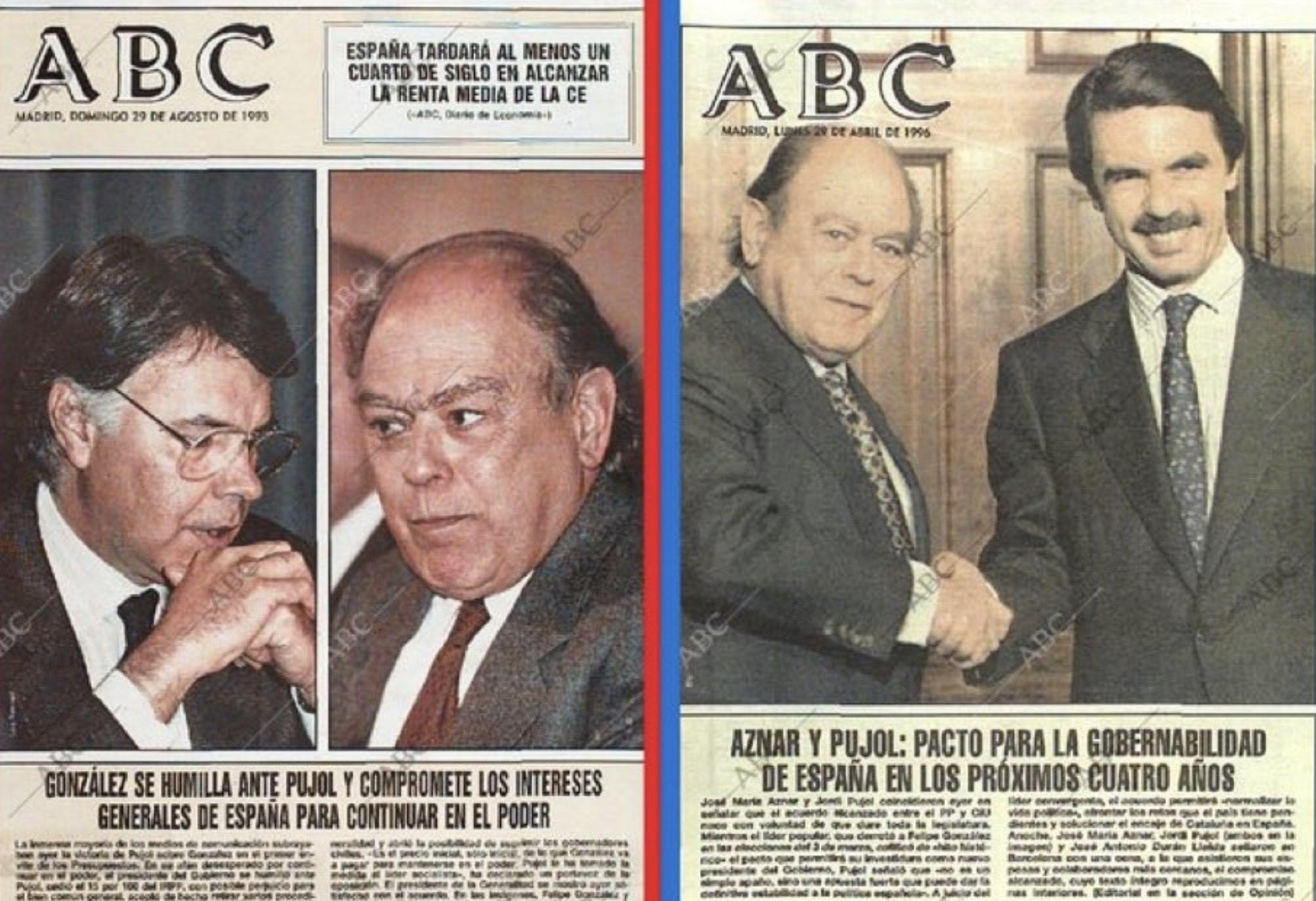 Marionetas. Acuerdos de González y Aznar con el entonces president Pujol, en portadas muy elocuentes de 'ABC'.