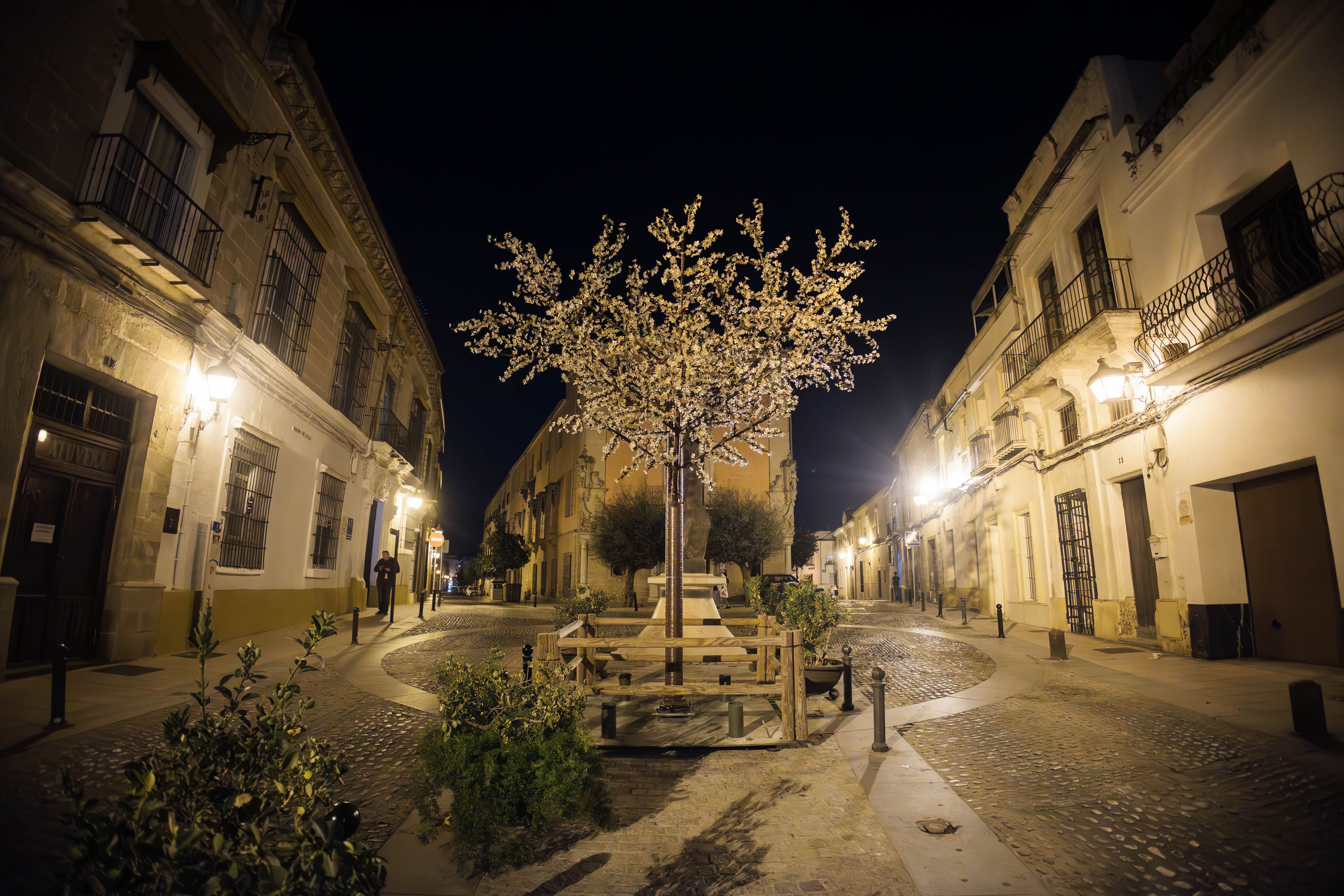 Monumento a Lola Flores tapado por un árbol de Navidad en Jerez.