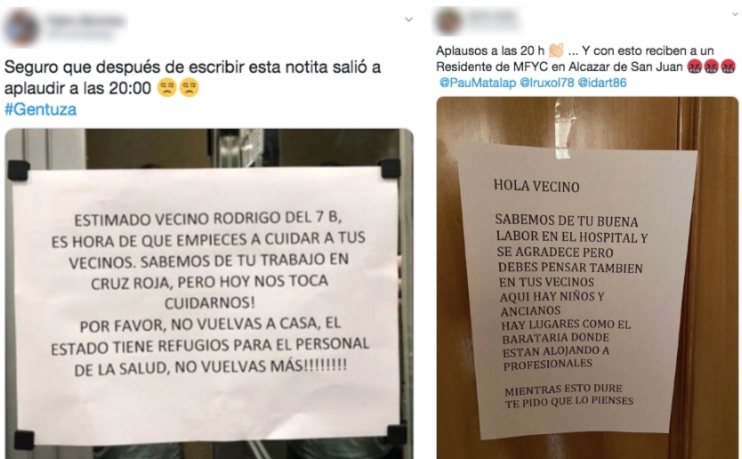 Carteles de vecinos de médicos que les piden que no regresen a sus casas.