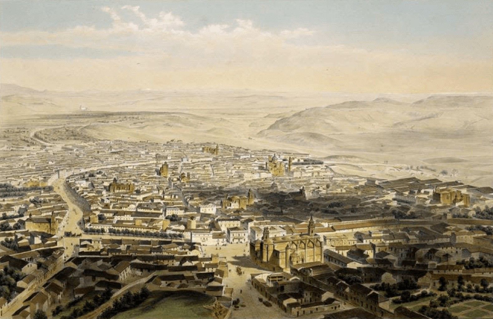 Vista de Jerez en un grabado del francés Alfred Guesdon, arquitecto y litógrafo que acompañó a Isabel II en su viaje por Andalucía a mediados del siglo XIX.