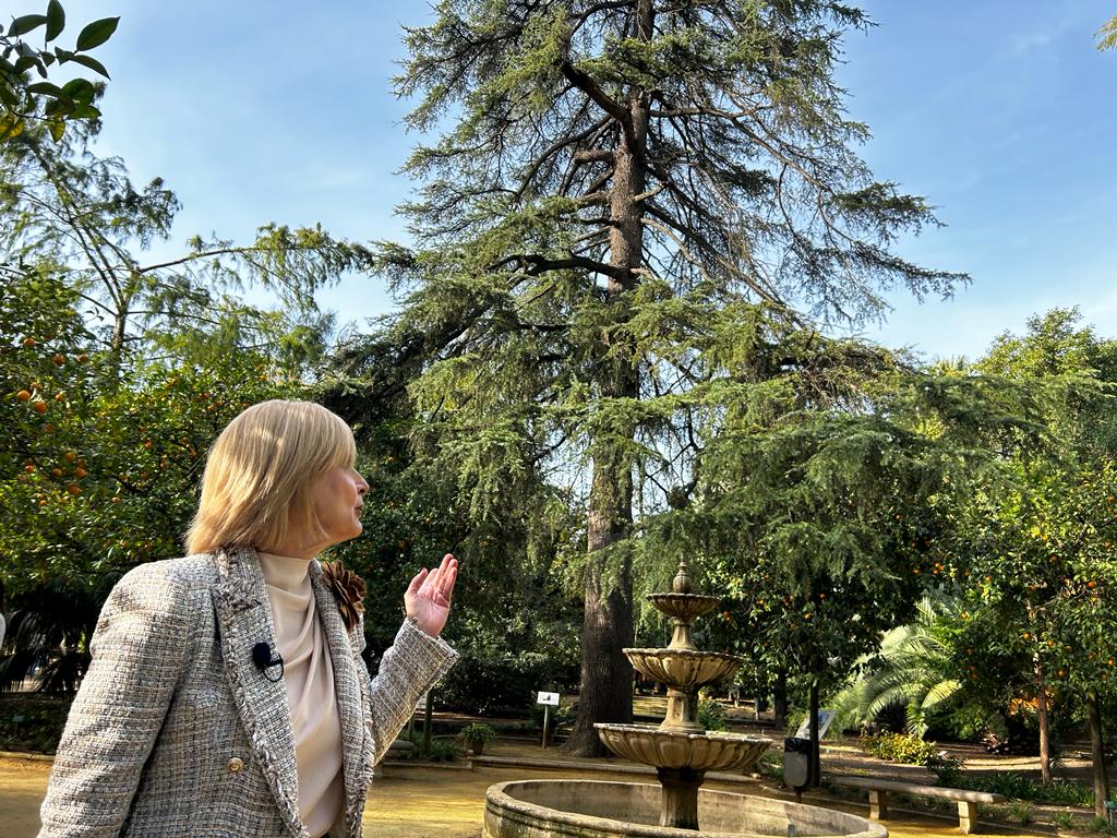 La alcaldesa ante el cedro del Himalaya del Zoobotánico de Jerez.