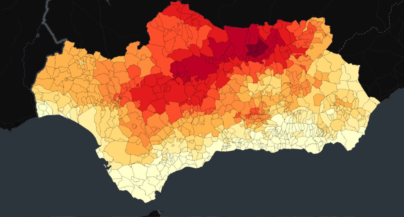 Mapa de Andalucía con los días de calor y las zonas que sufrirán más las altas temperaturas entre los años 2071 y 2100.