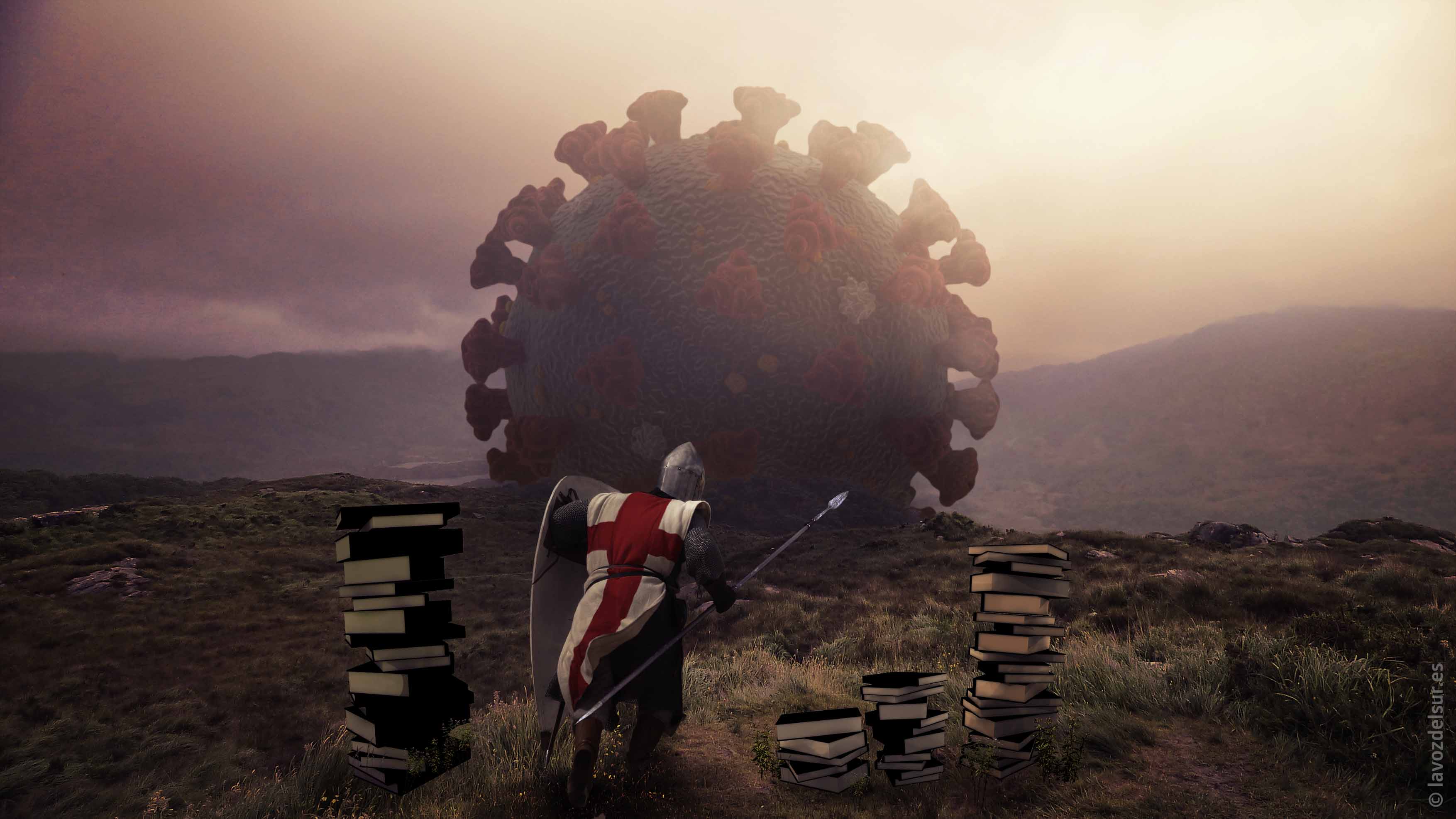 San Jorge, siglos después, luchando este 23 de abril contra el coronavirus. ILUSTRACIÓN: MANU GARCÍA