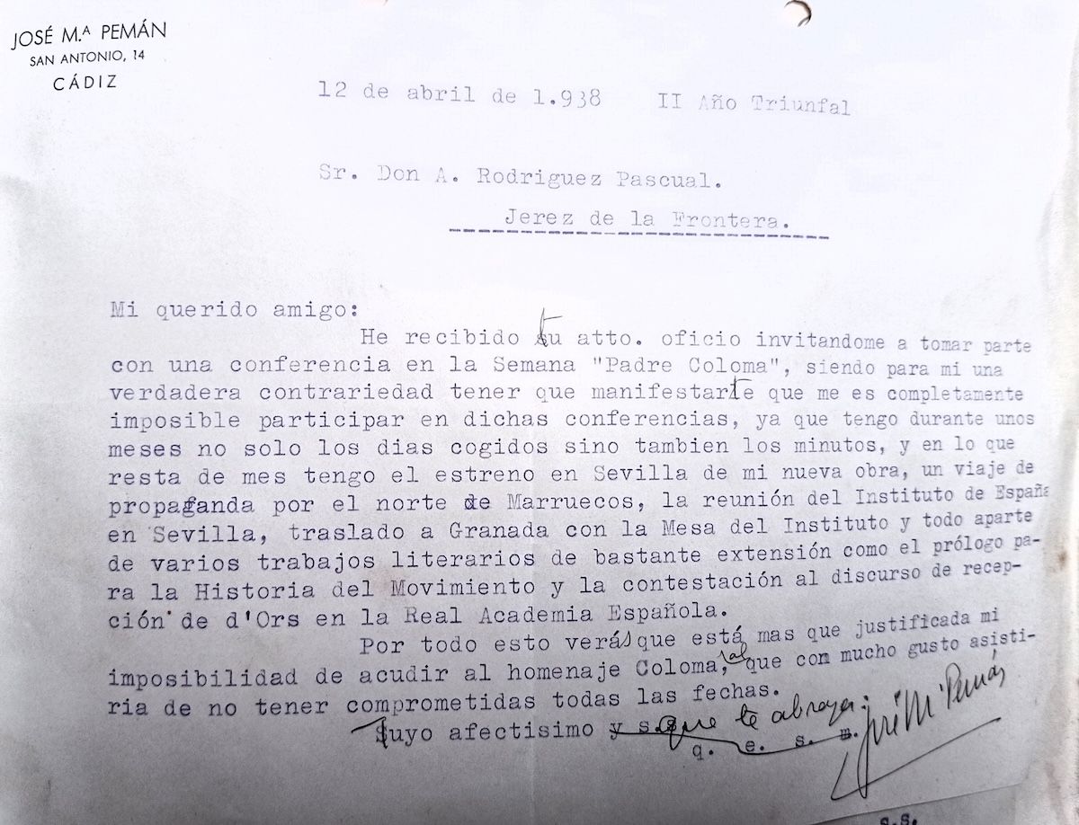 Carta de José María Pemán disculpándose por no poder participar con una conferencia en el ciclo organizado.
