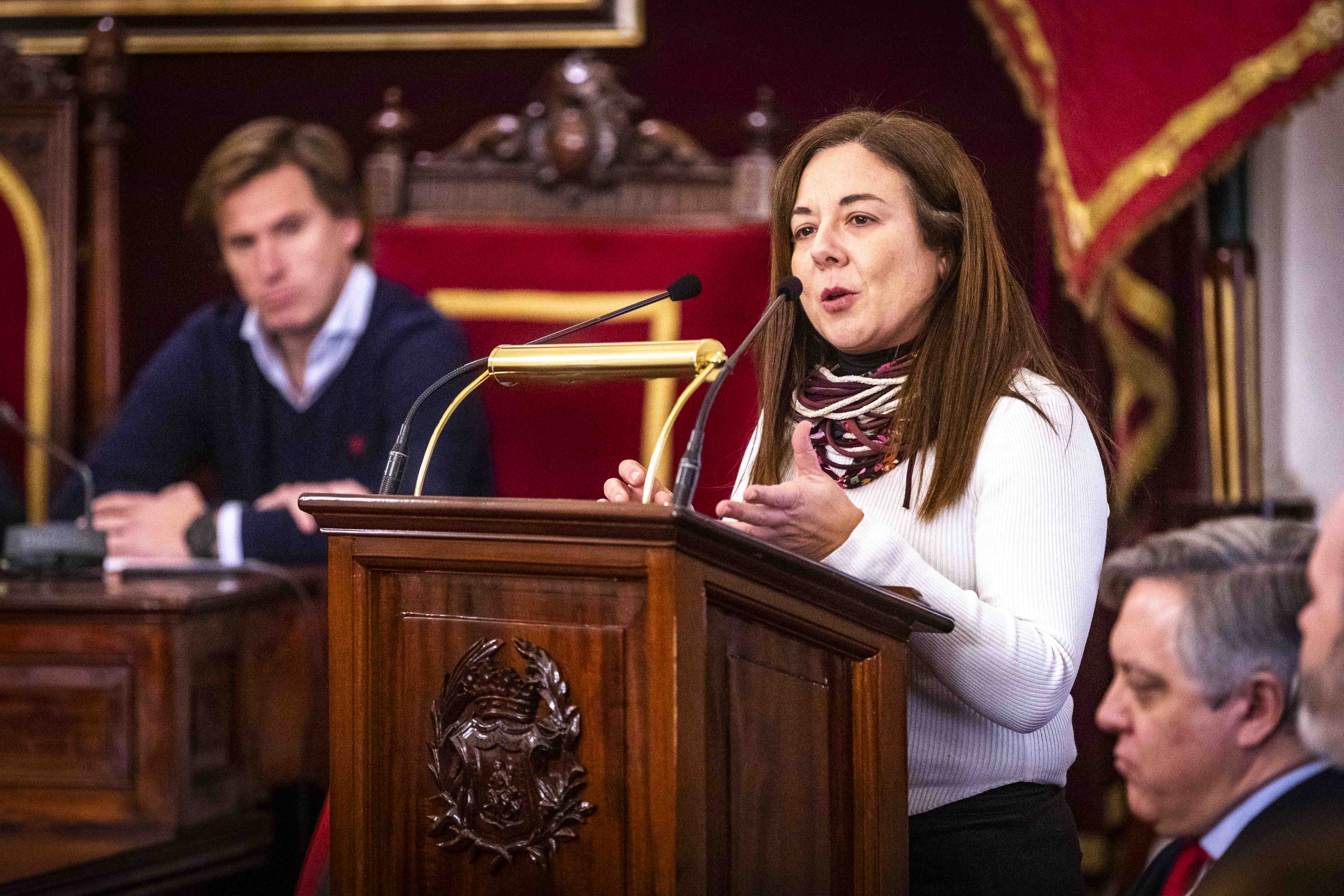 La representante de EQUO ante los ediles Pablo Otero y Oscar Torres, en su intervención.
