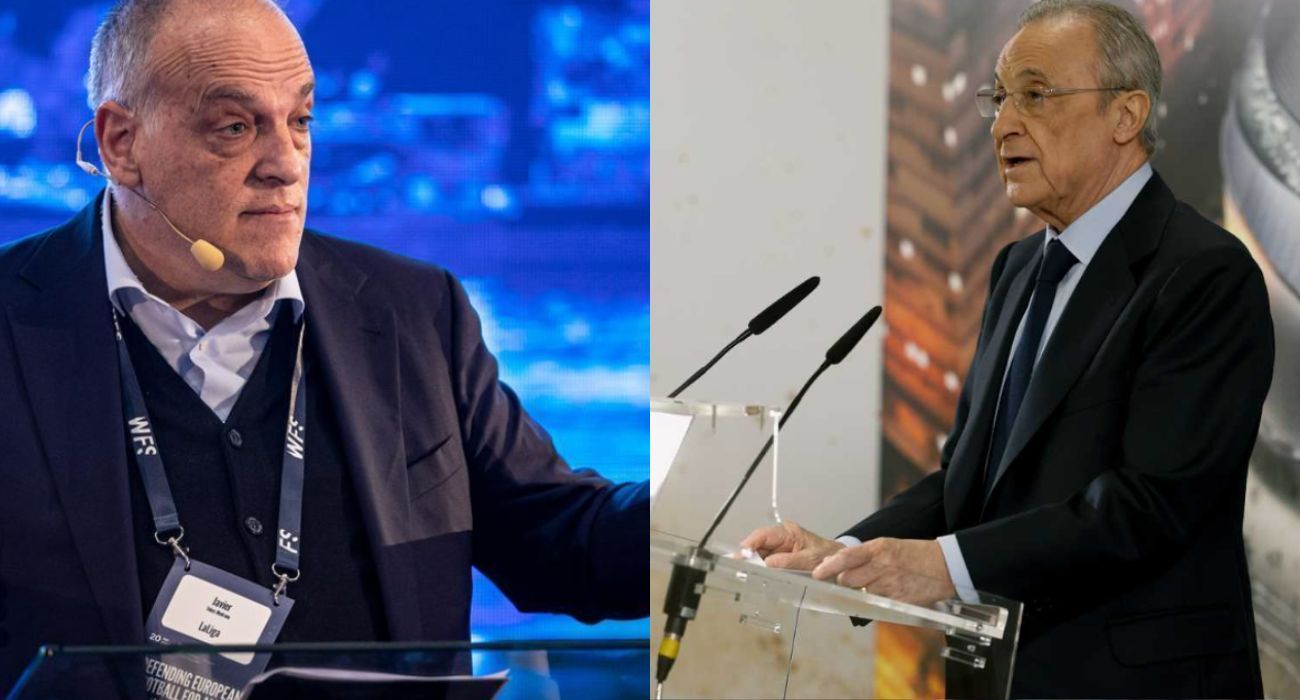 Javier Tebas, contrario a la Superliga, y Florentino Pérez, gran promotor de dicha competición.