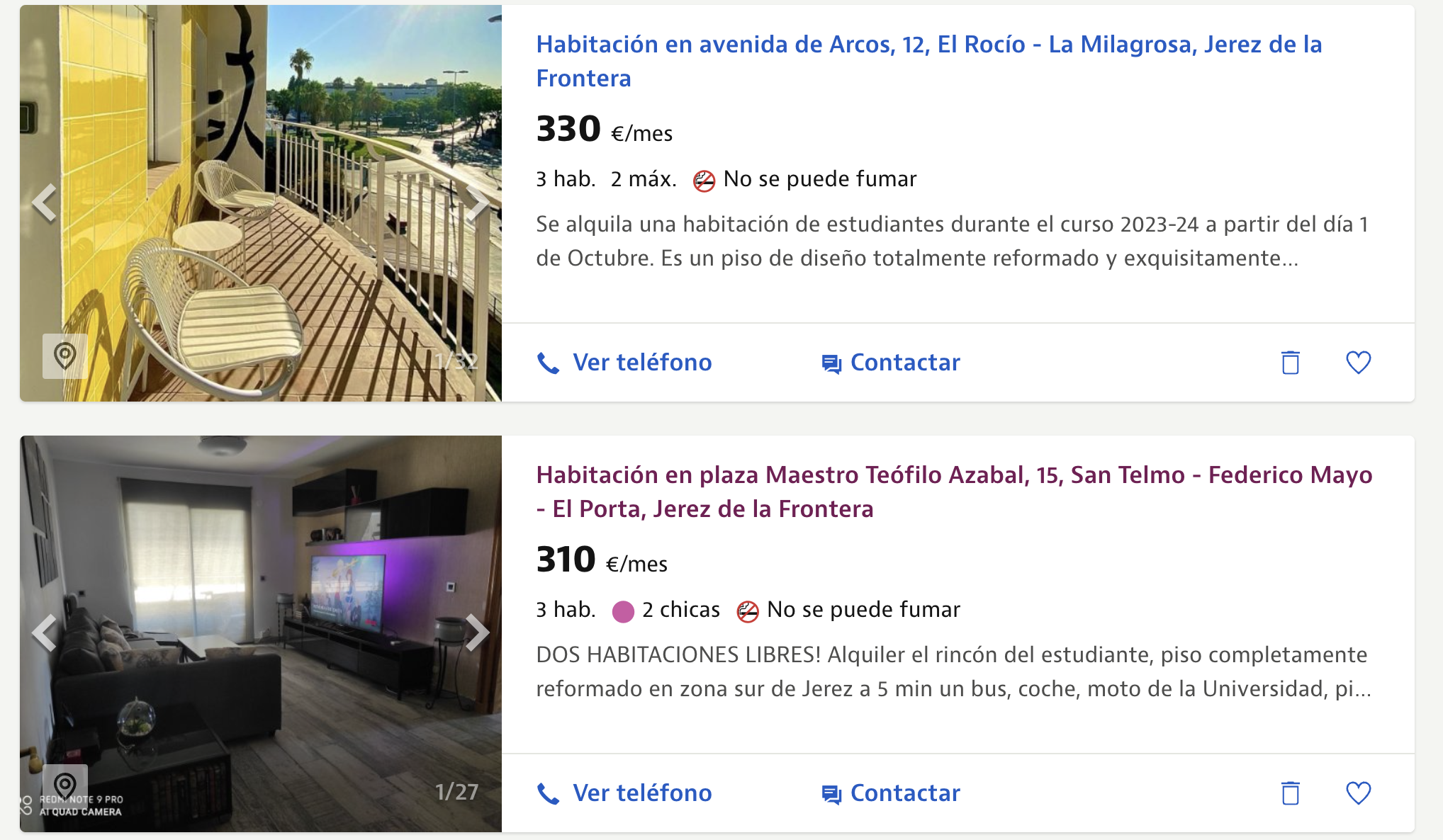 Dos de las ofertas de alquiler de habitaciones en Jerez, en una imagen de 'Idealista'.