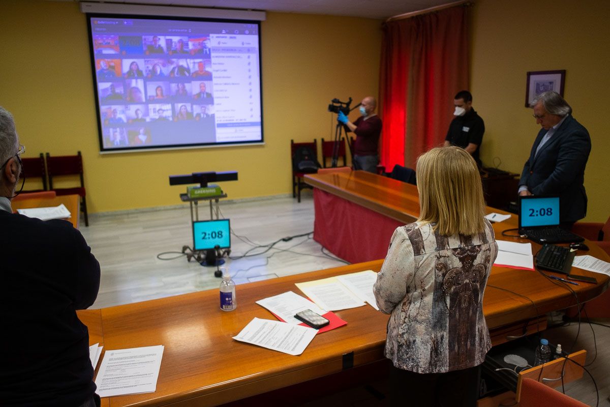 La alcaldesa Mamen Sánchez, durante los minutos de silencio del pleno telemático. FOTO: MANU GARCÍA
