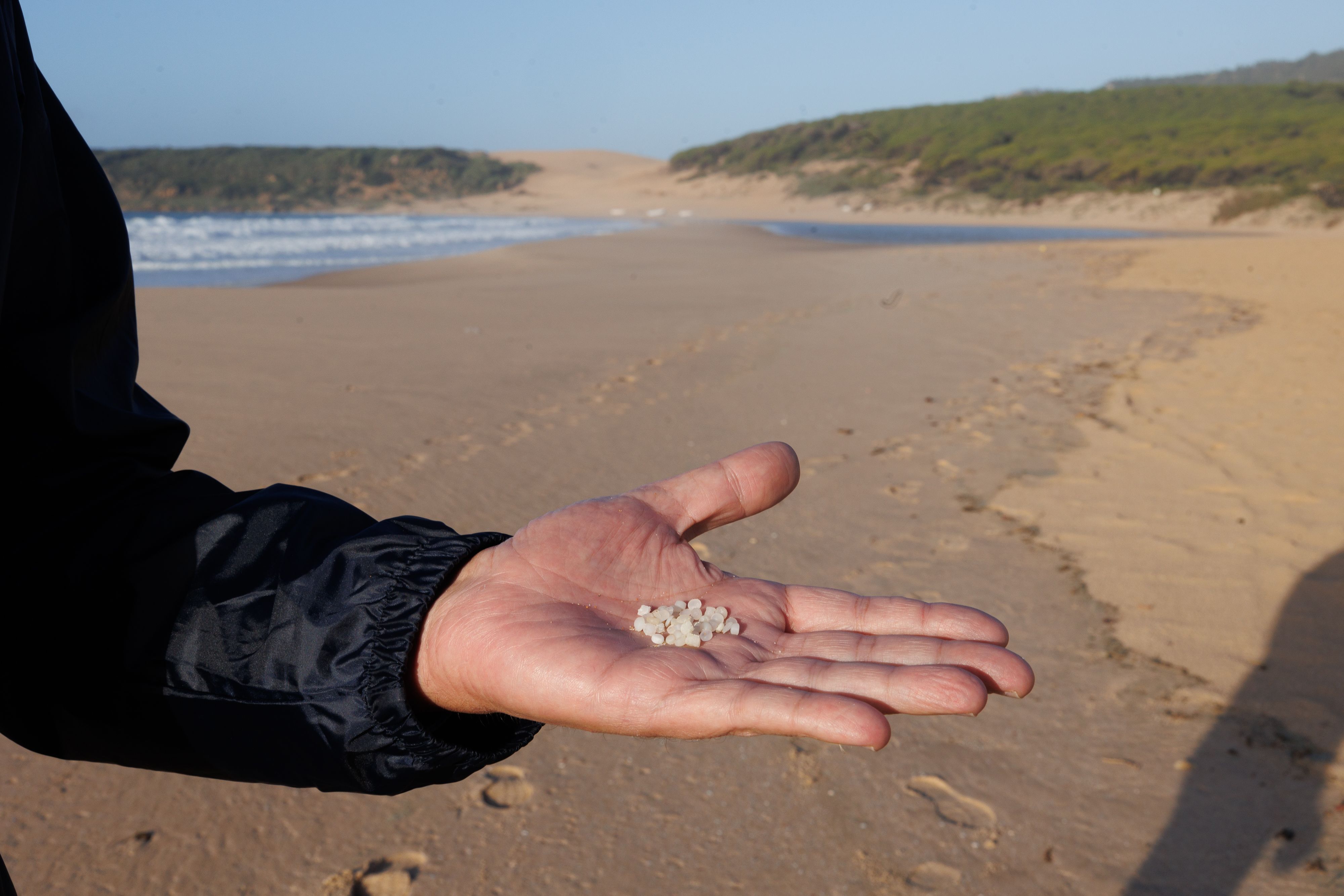 Los 'pellets' encontrados en Tarifa este miércoles, apenas una veintena en toda la playa. 