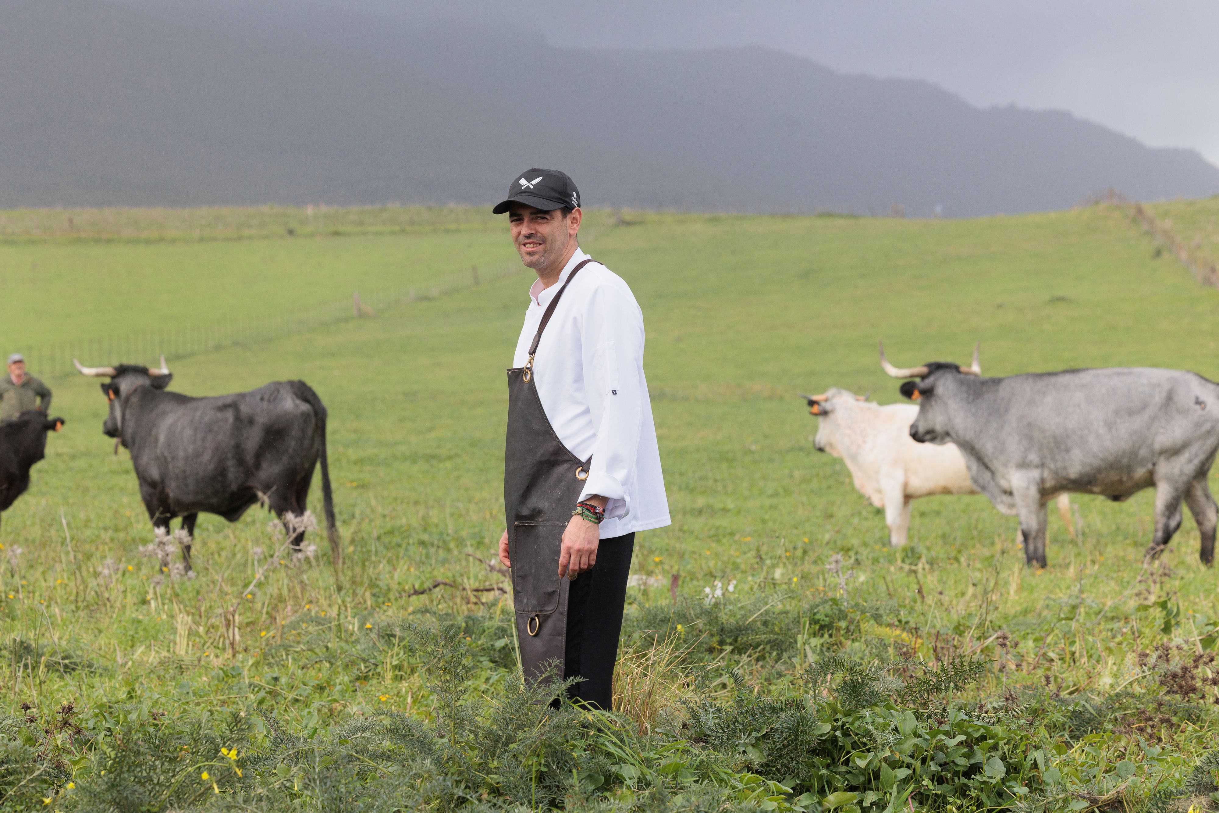 El cocinero y empresario Paco Santos, junto a vacas palurdas en los valles de la Sierra de la Ahumada, a dos pasos de Tarifa.
