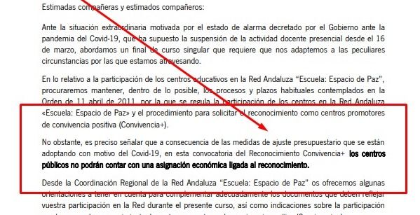 Un extracto de la carta enviada por la Junta a centros escolares.