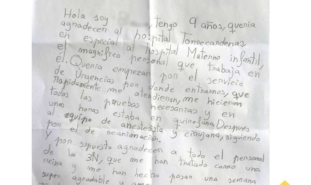La carta de la niña de nueve años que manda al hospital andaluz.