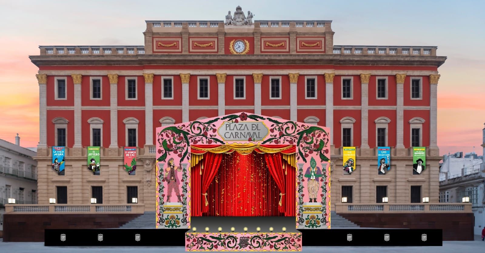 Así será la Plaza del Carnaval de San Fernando con decoración tematizada y serpentinas colgantes. Así será la Plaza del Carnaval de San Fernando con decoración tematizada y serpentinas colgantes.