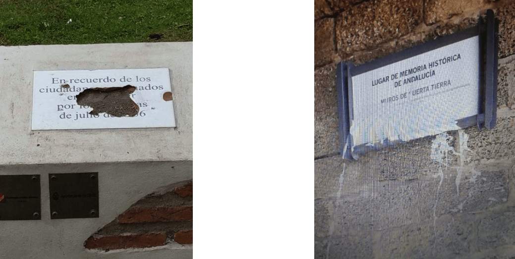 La placa de víctimas del franquismo, destrozada por el vandalismo. 