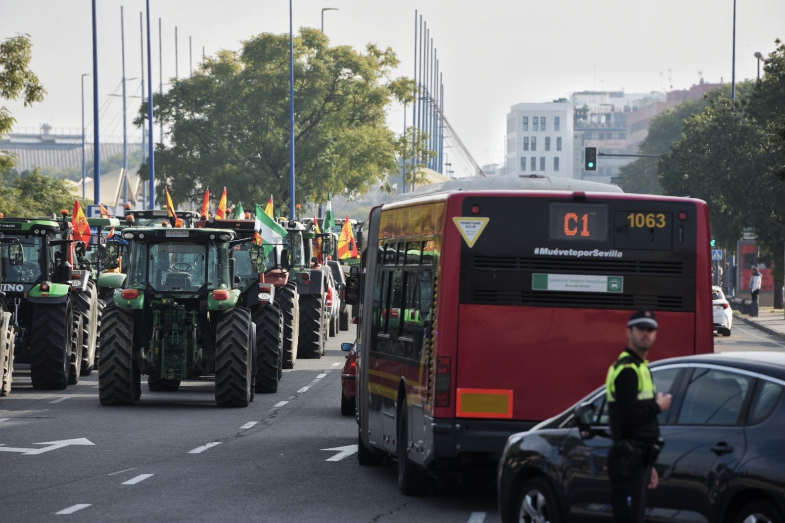 Las protestas de los agricultores con sus tractores en Sevilla capital, en imágenes