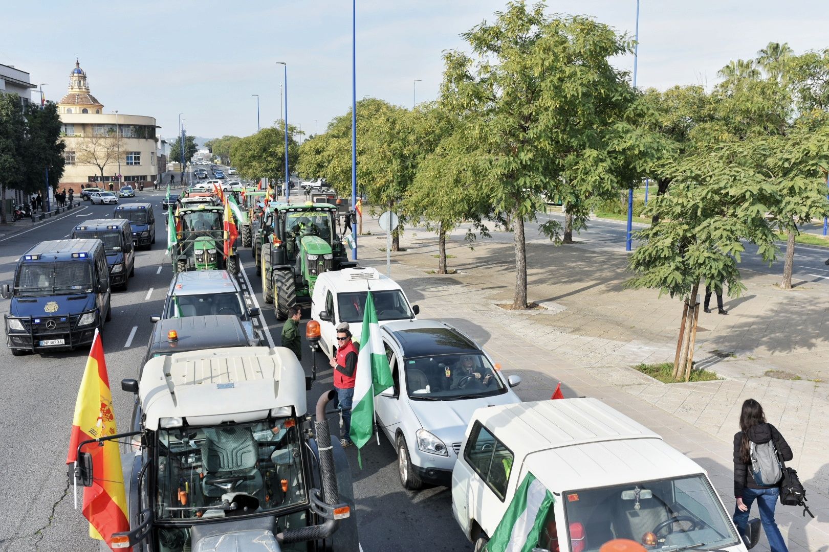 Las protestas de los agricultores con sus tractores en Sevilla capital, en imágenes