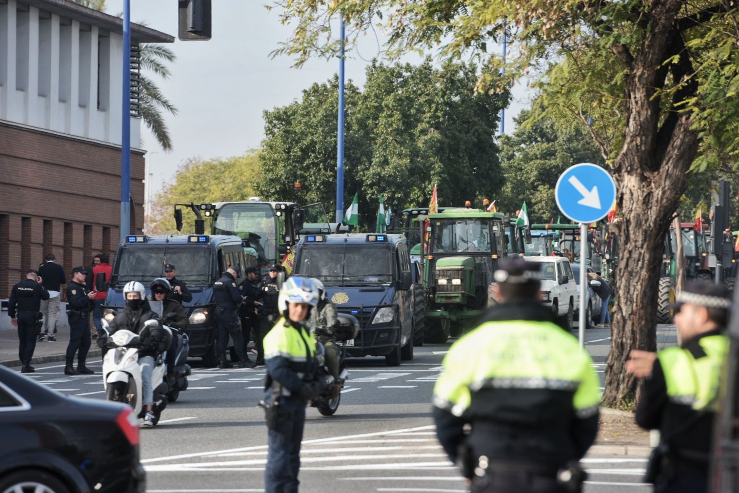 Las protestas de los agricultores con sus tractores en Sevilla capital, en imágenes