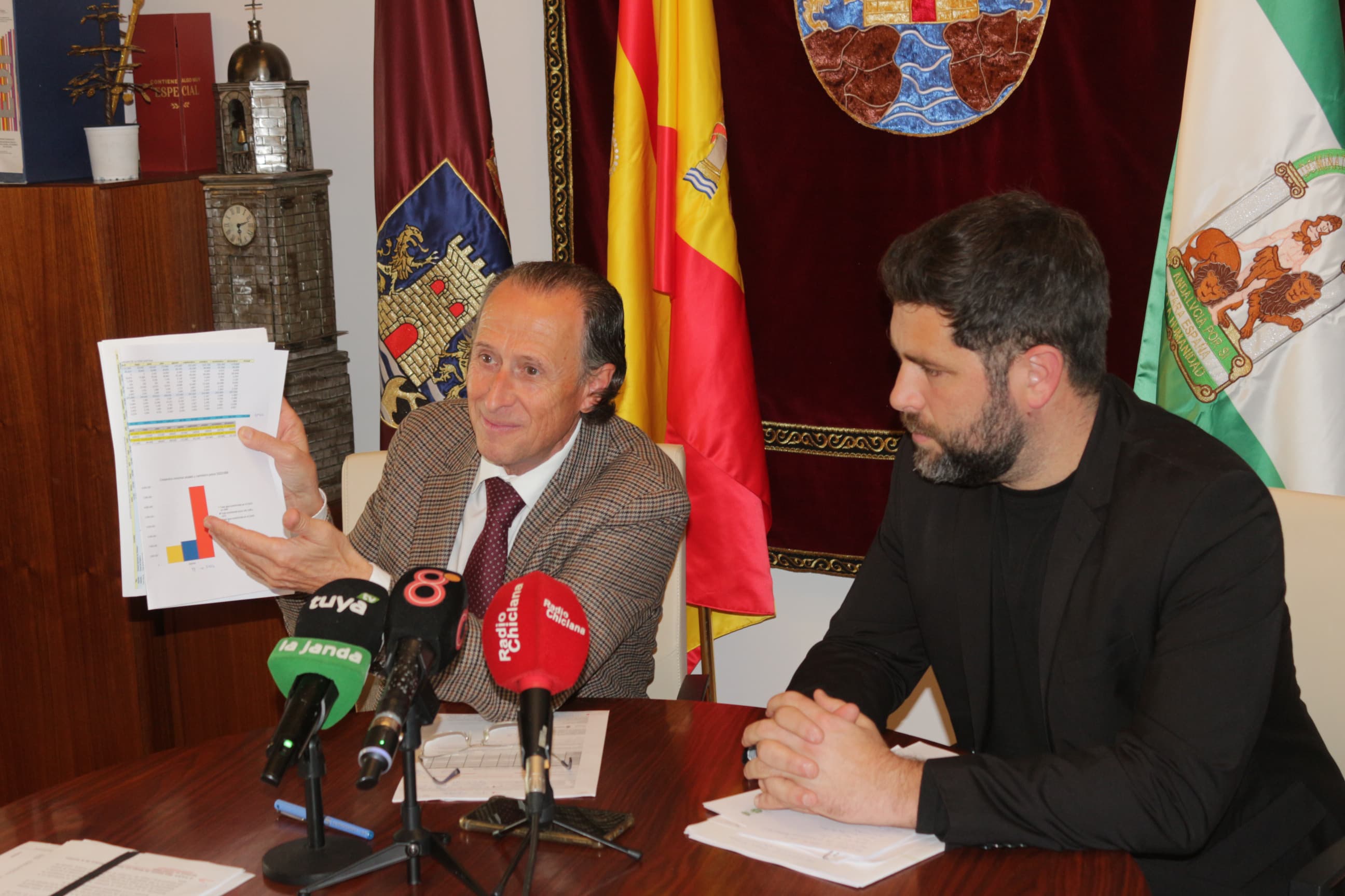 Chiclana pide a la Junta la autorización para usar los pozos municipales. Román y Palmero en la conferencia de prensa.