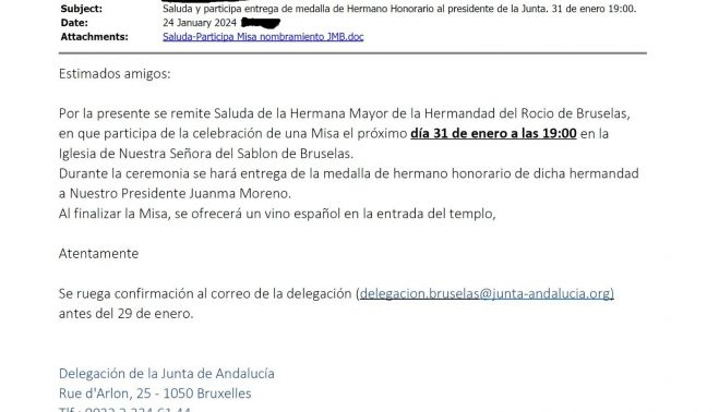 Correo de la Delegación de la Junta sobre la Misa de la Hermandad del Rocío de Bruselas.