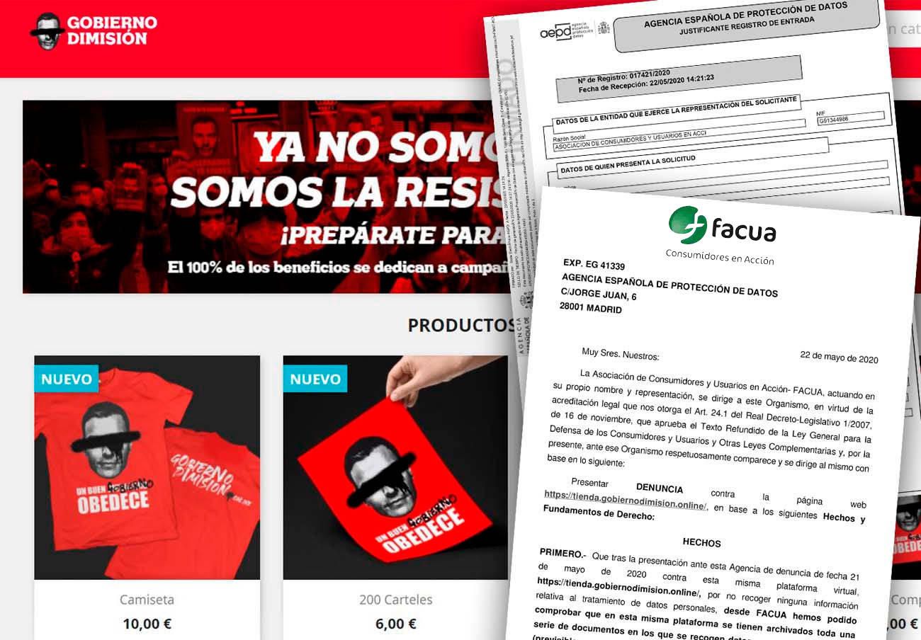 La web 'Gobierno dimisión', con la denuncia interpuesta por Facua.