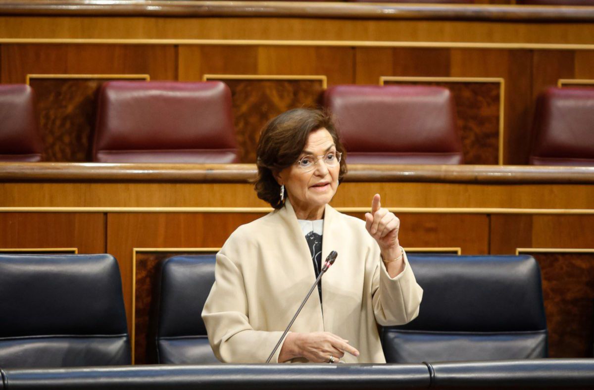 Carmen Calvo, en el Congreso de los Diputados en la última sesión para la prórroga de la alarma. FOTO: PSOE