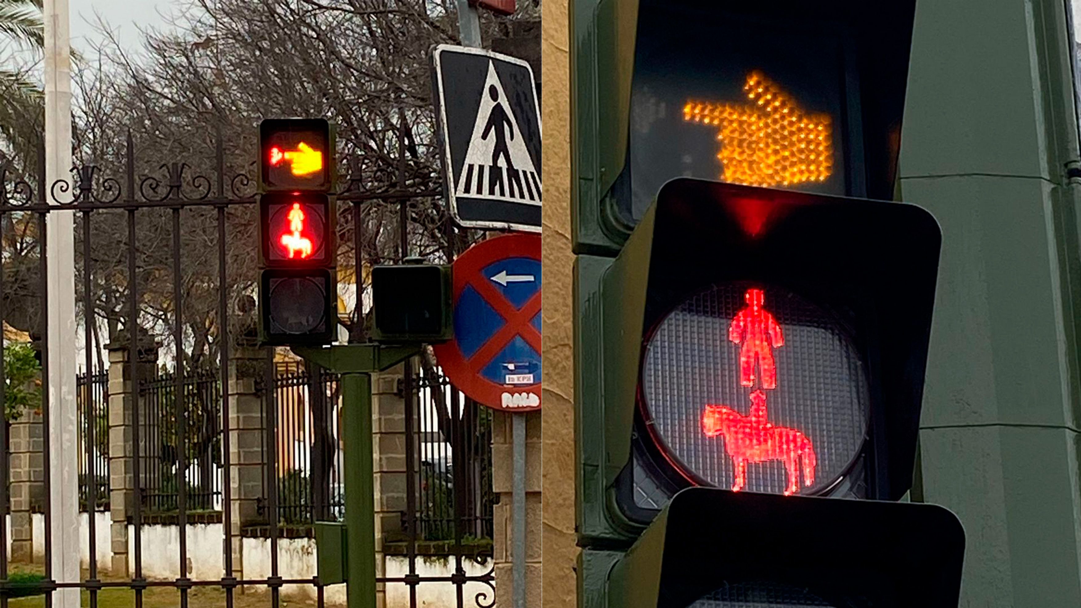 El semáforo que avisa del paso de peatones para personas y caballos.