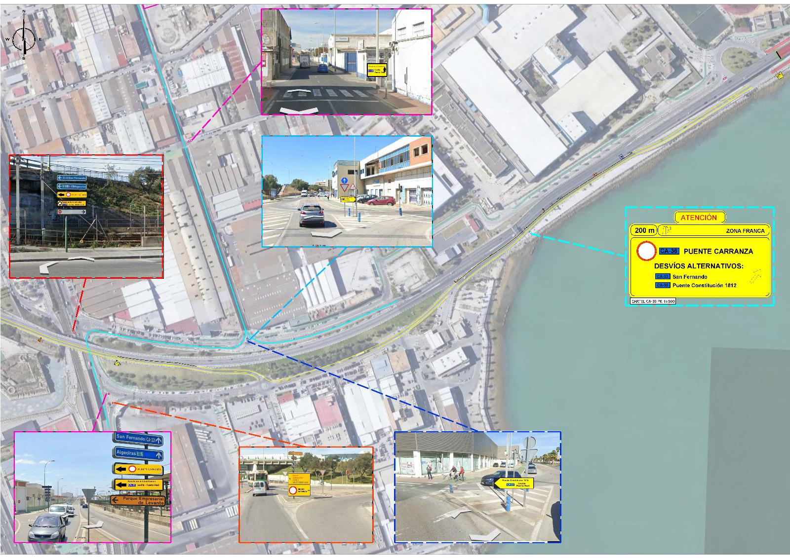 Plano de los accesos a Cádiz por las obras en el Puente Carranza.