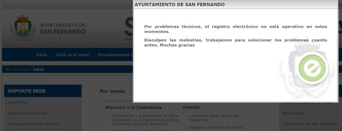 Mensaje de error en la sección de trámites en la web del Ayuntamiento de San Fernando. 