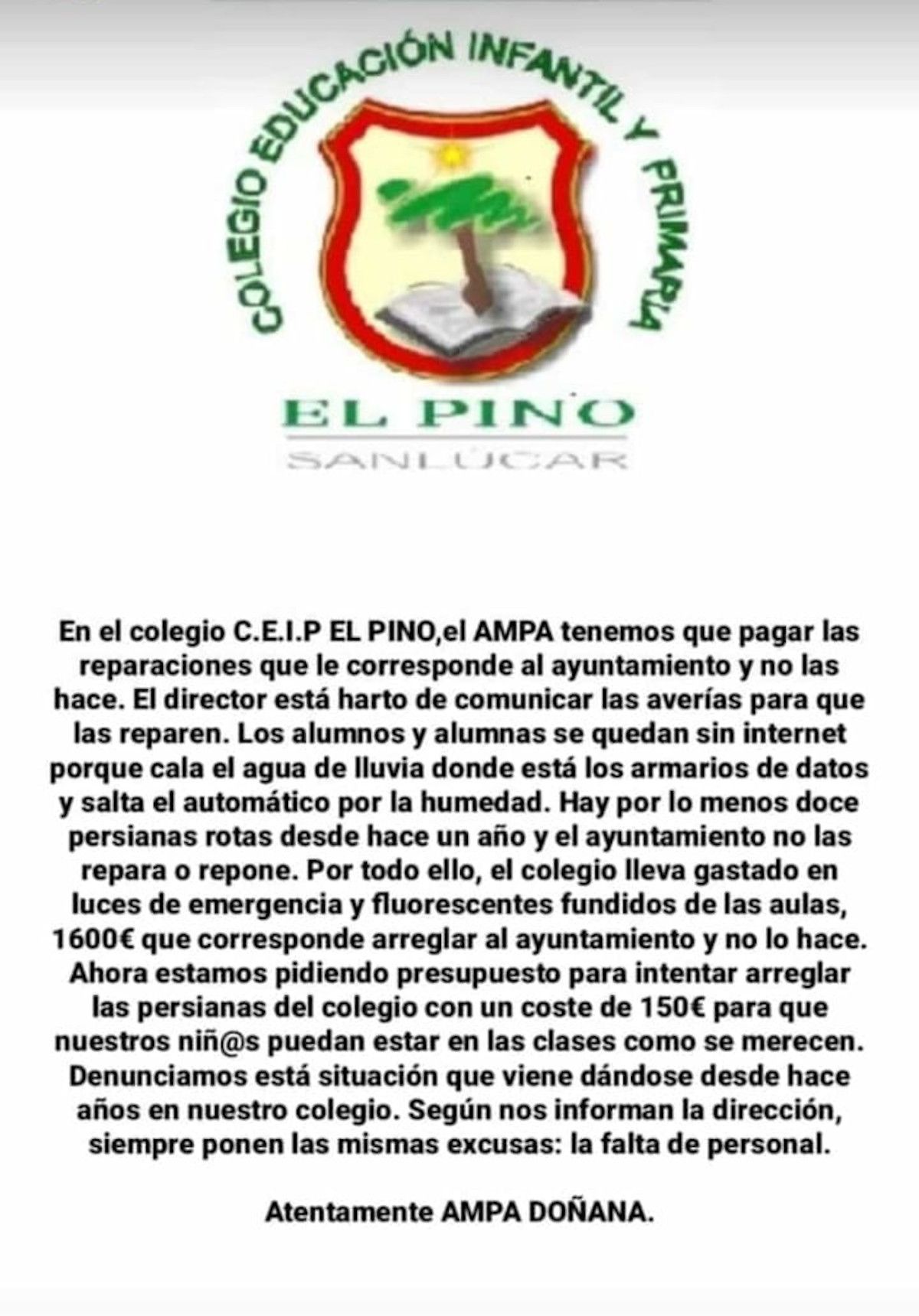 Denuncia de la AMPA compartida en redes sociales.