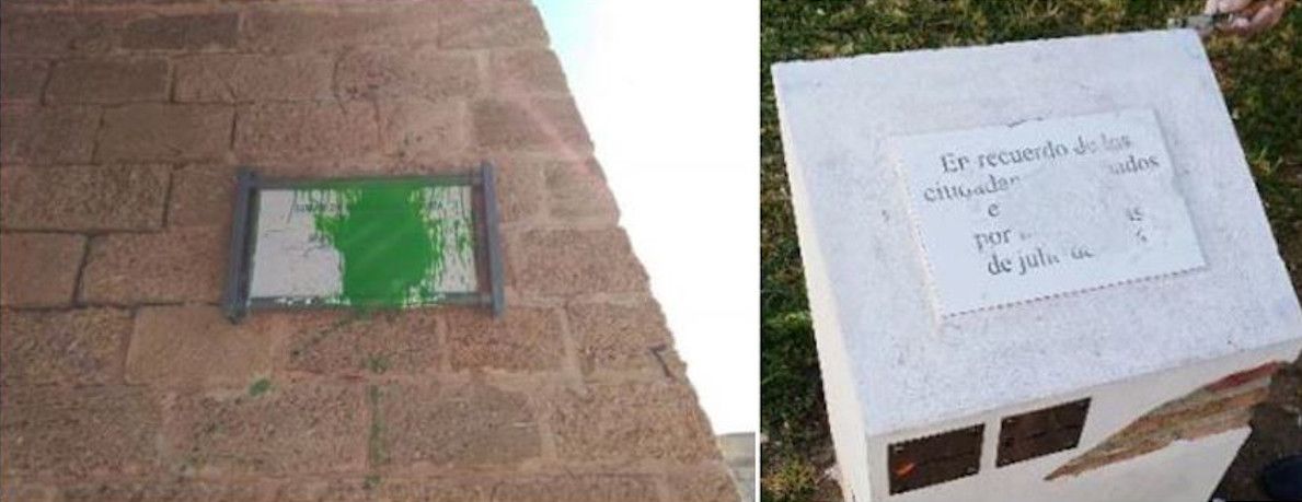 Actos vandálicos en la Plaza Asdrúbal y en la Puerta de Tierra de Cádiz. FOTOS: Plataforma de Memoria Histórica de Cádiz