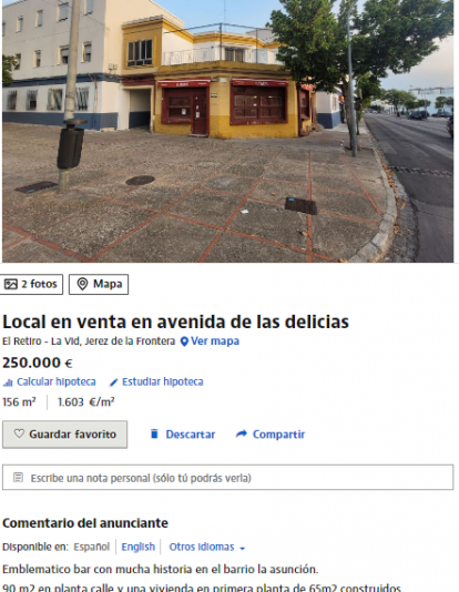 Anuncio publicado en Idealista de la venta del local del antiguo Volapié.