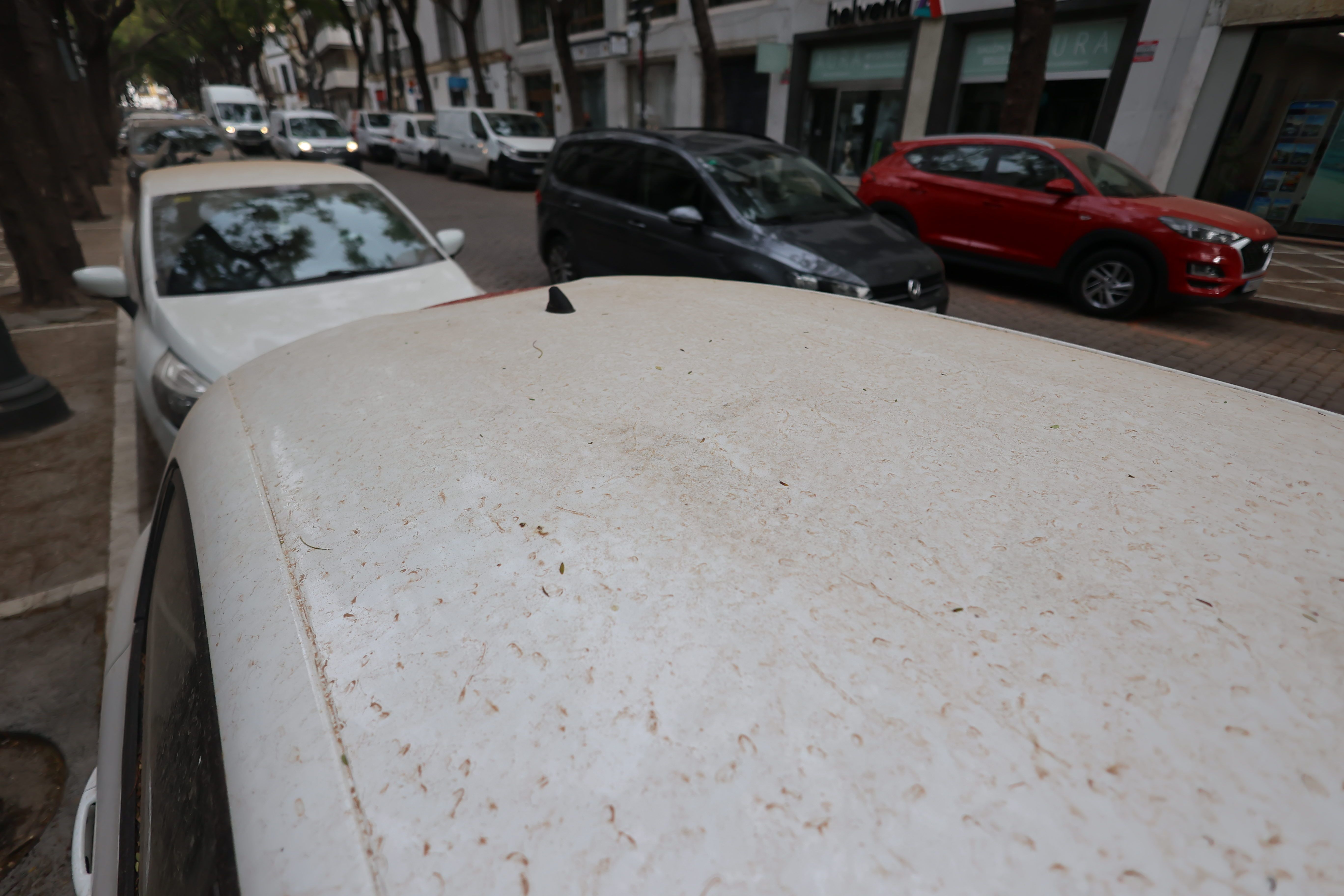 Los coches y las calles de Jerez han amanecido este viernes teñidas de naranja.  MANU GARCÍA
