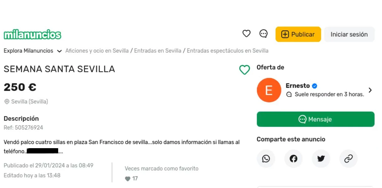 Anuncio de reventa de palcos de Semana Santa en Sevilla.