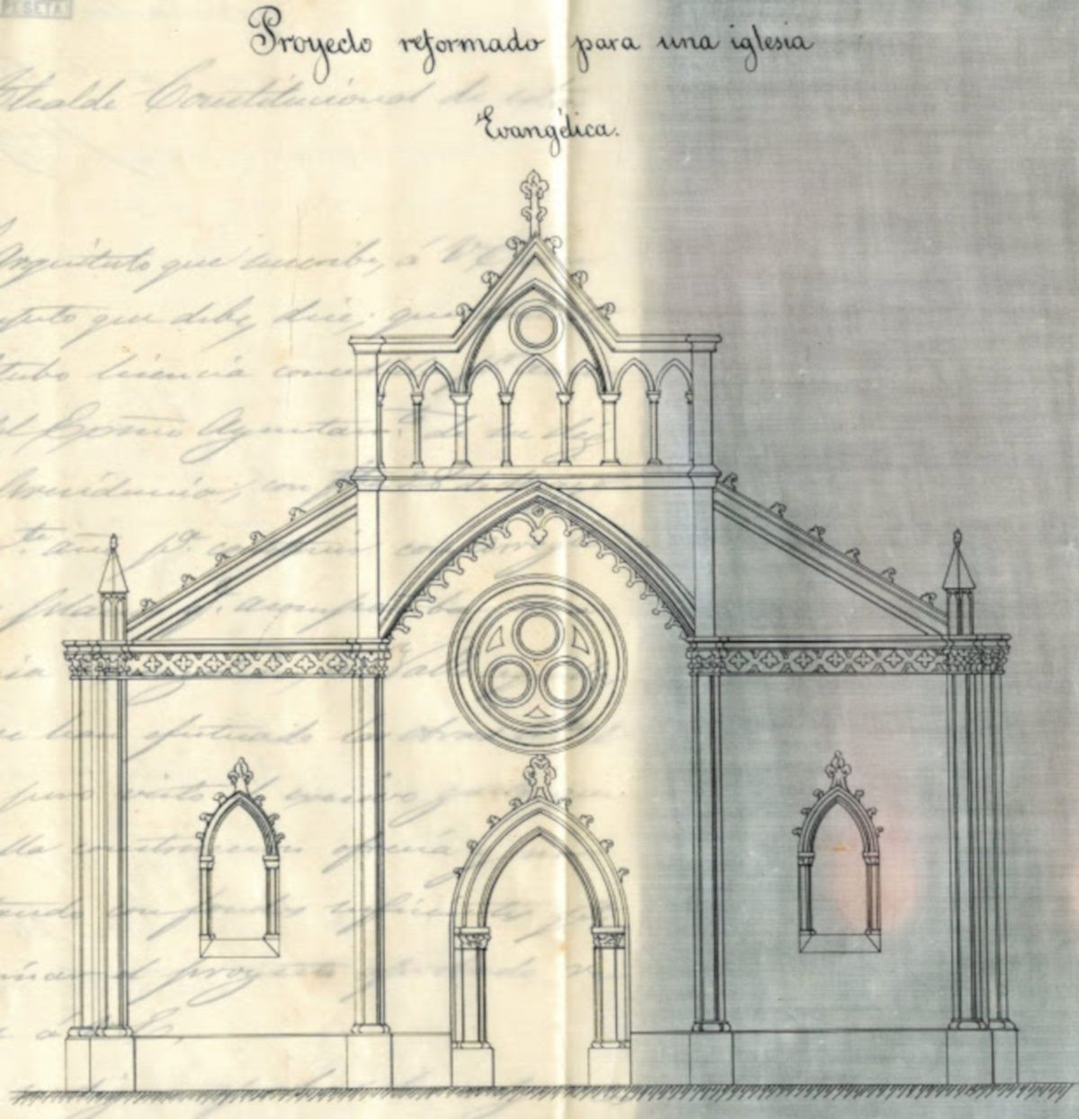 Plano de la fachada de la iglesia en calle Argüelles. 