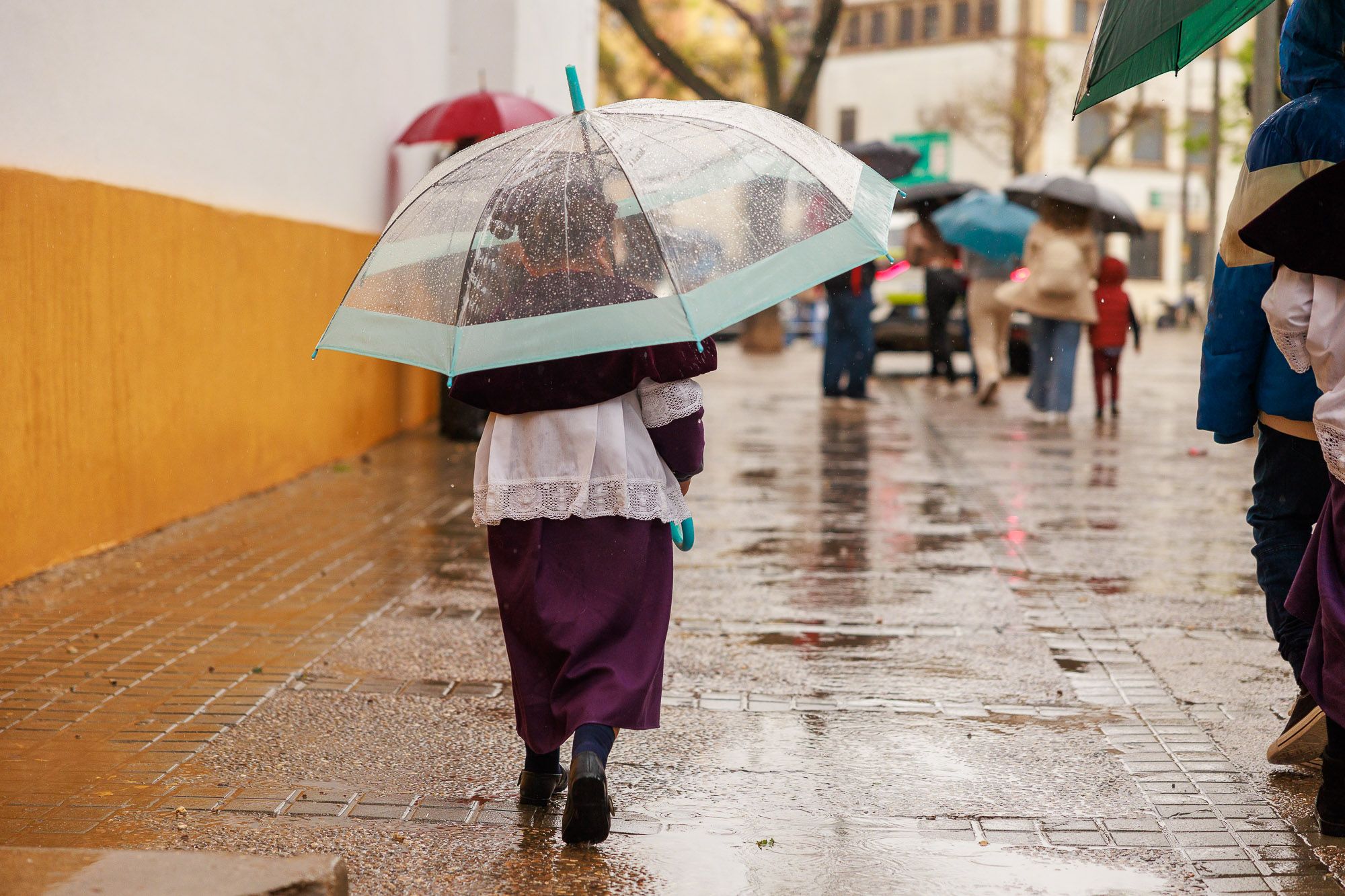 Una monaguillo paraguas, este pasado Lunes Santo en Jerez, marcado por la amenaza de tormentas.