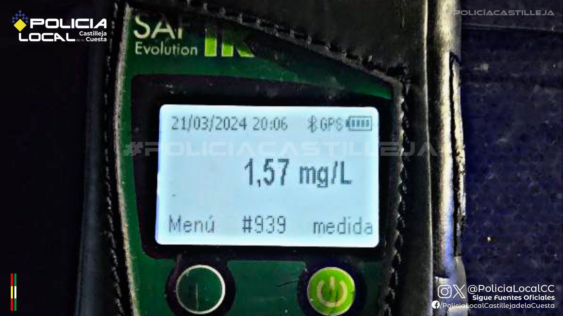 Imagen del alcoholímetro del conductor, publicada por la Policía Local de Castilleja de la Cuesta, en Sevilla.