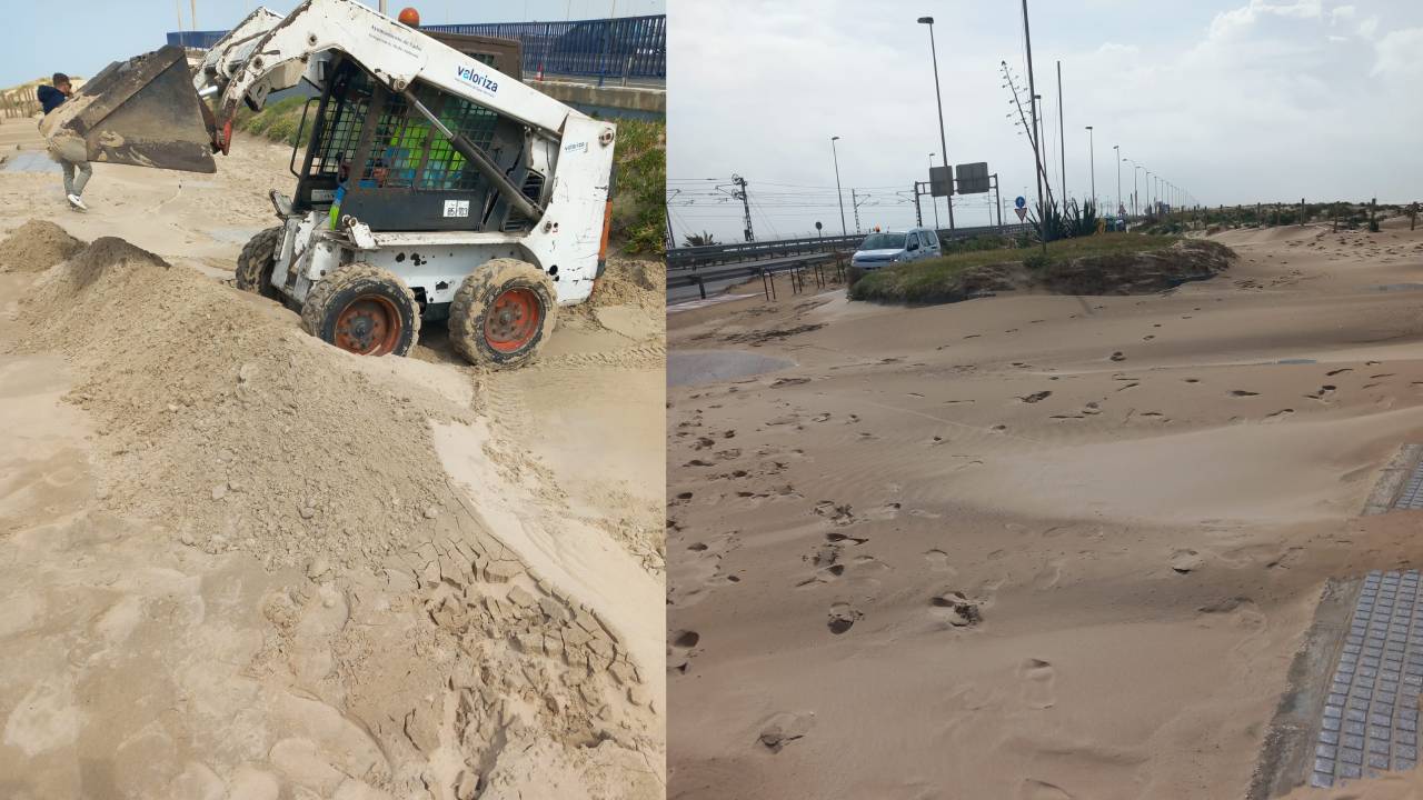 La vía de servicio de la autovía Cádiz-San Fernando ha quedado cubierta de arena.  AYUNTAMIENTO DE CÁDIZ