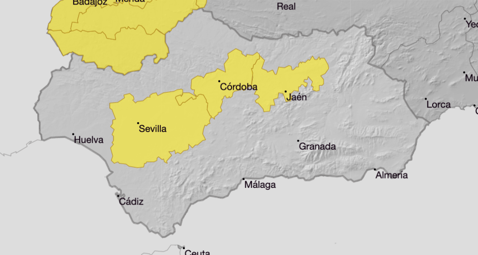 Mapa de la Aemet, con aviso amarillo en Andalucía.