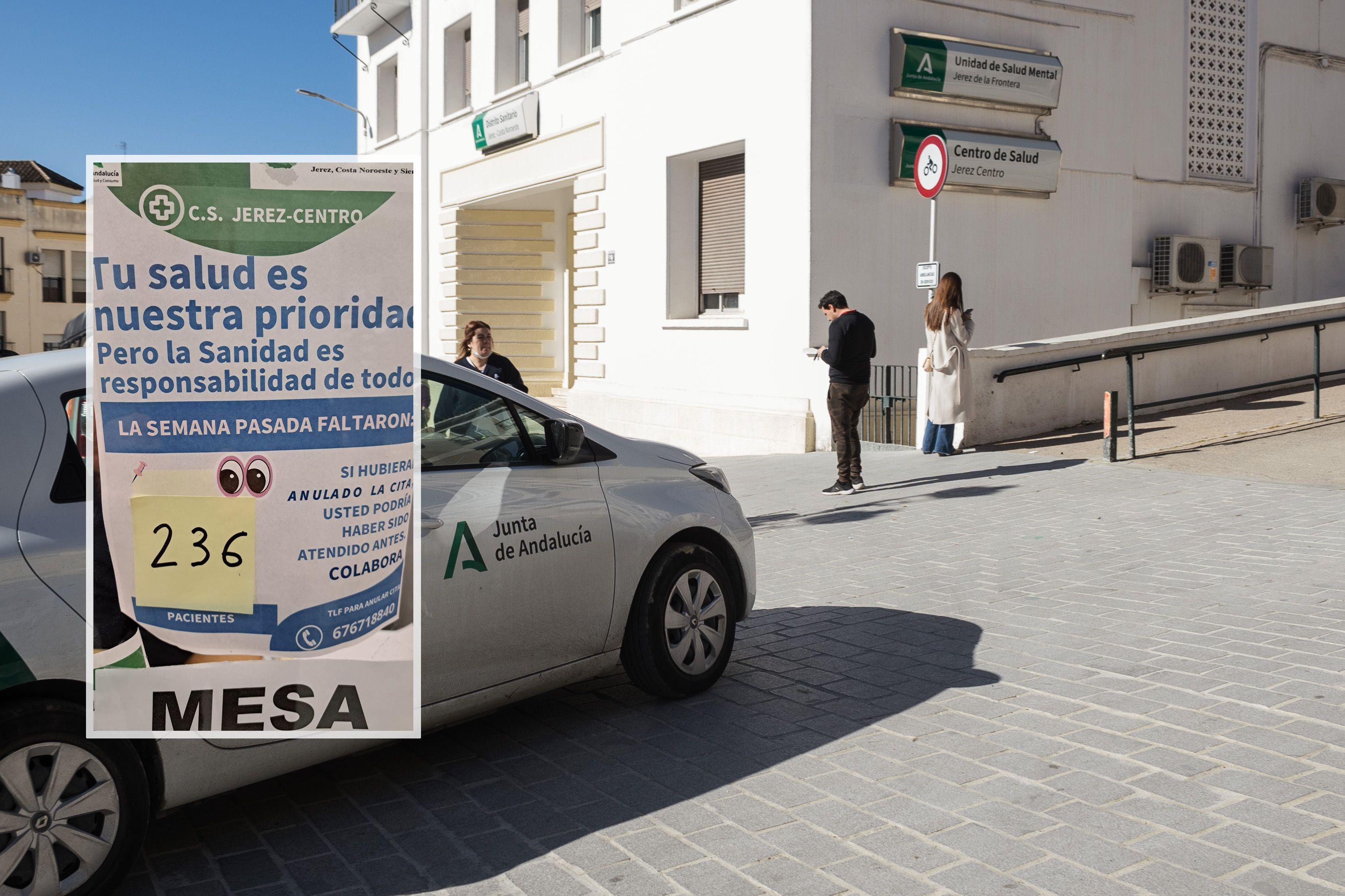 Imagen del centro de salud Jerez-Centro, con el cartel interior sobreimpresionado.