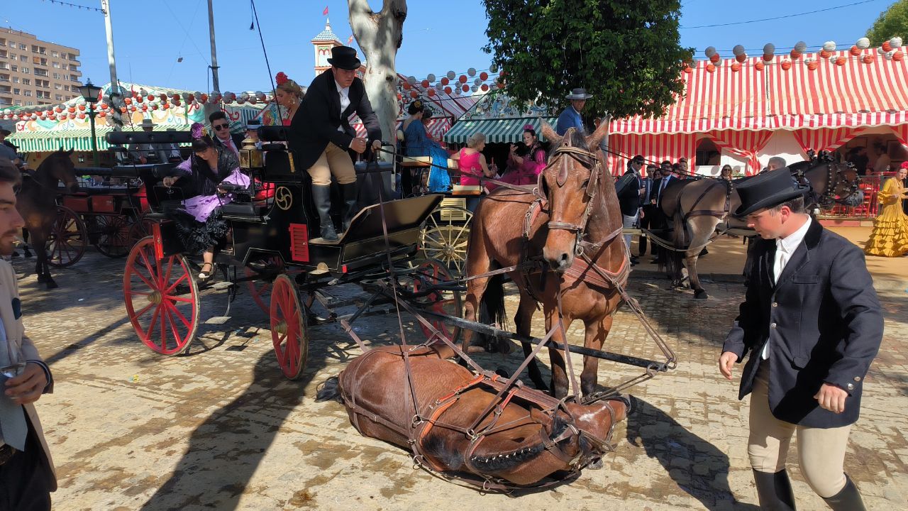 Un caballo, en el suelo en el Real, este martes en la Feria de Sevilla.