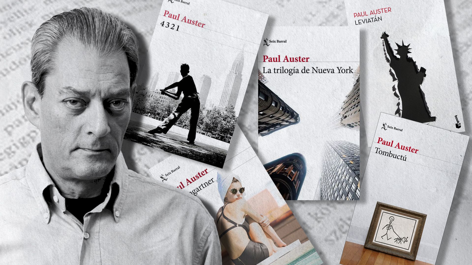 Paul Auster con algunos de sus títulos más emblemáticos, en un fotomontaje de Jorge Franco.