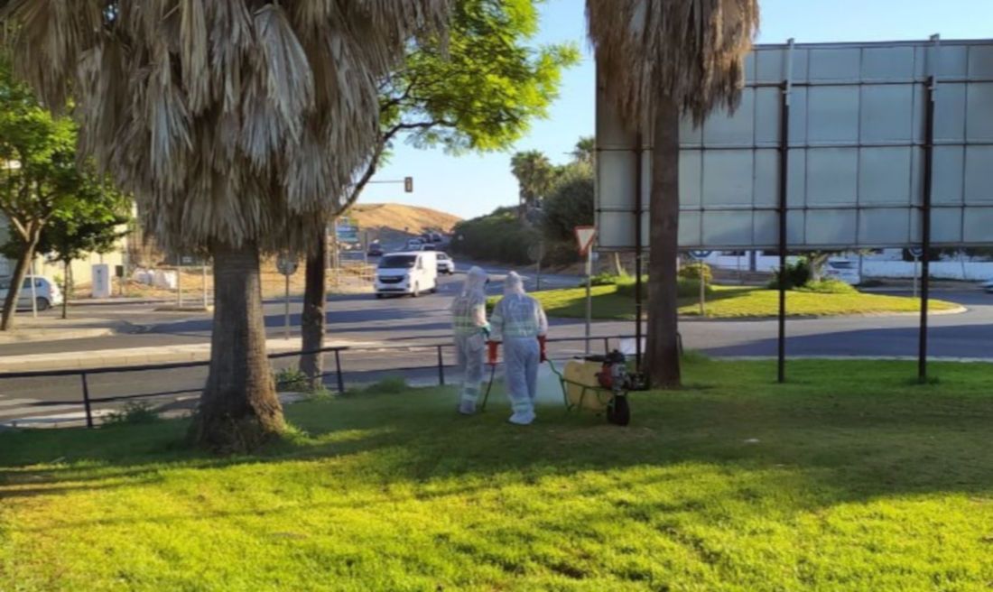 Operarios desinfectan una zona pública. FOTO: Ayto. Coria