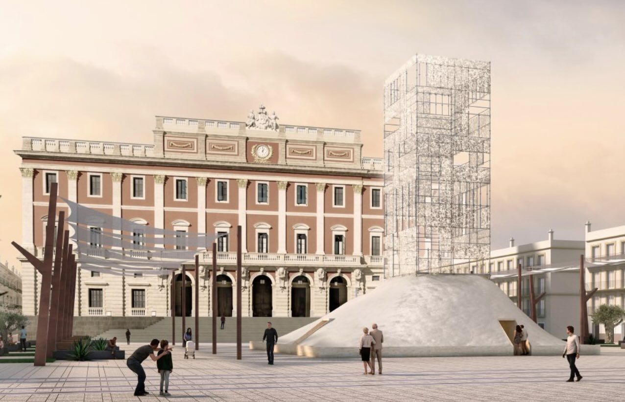 La recreación de una montaña de sal, el pabellón temporal que presidirá la plaza del Rey de San Fernando.